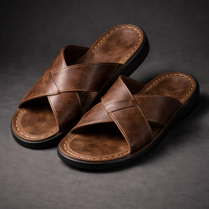 Women's Wide Strap Leather Sandals - Casual Open Toe Flat Slides