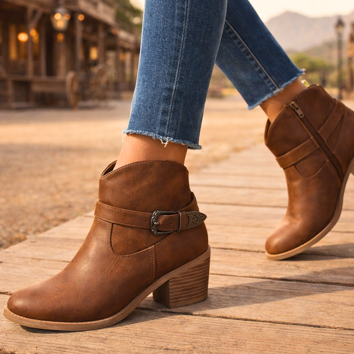 Women's Leather Ankle Boots – Cushioned Western Block Heel