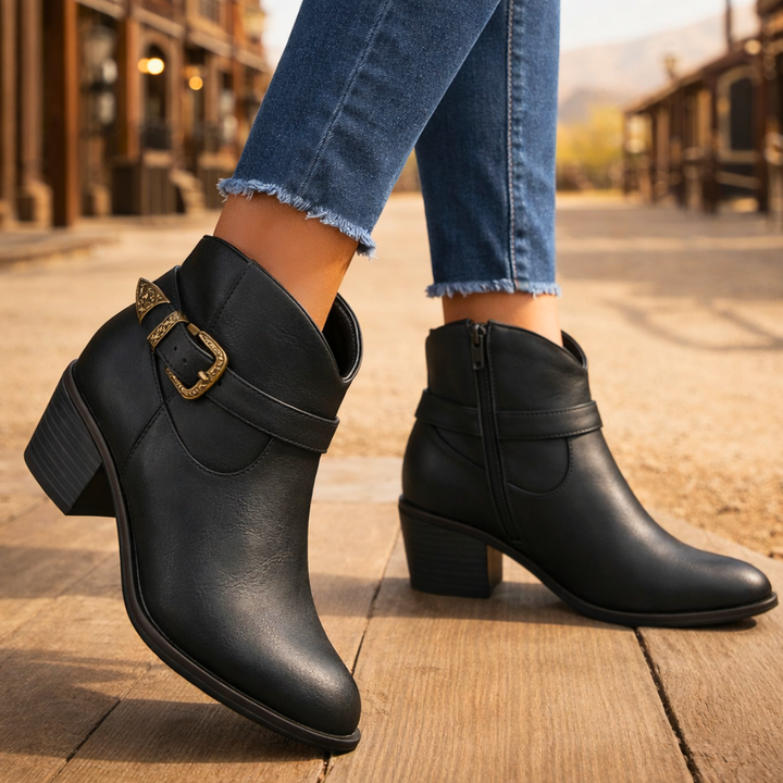 Women's Leather Ankle Boots – Cushioned Western Block Heel