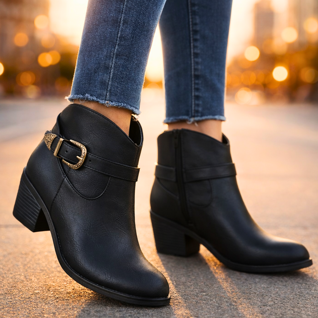 Women's Leather Ankle Boots – Cushioned Western Block Heel