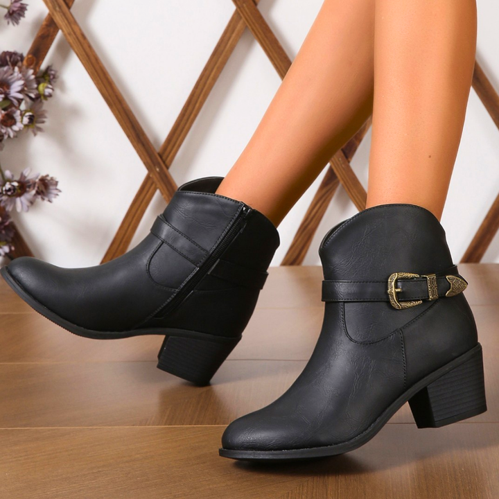 Women's Leather Ankle Boots – Cushioned Western Block Heel