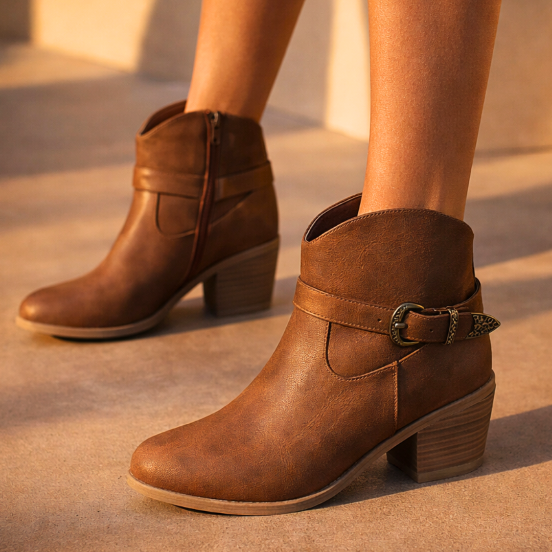 Women's Leather Ankle Boots – Cushioned Western Block Heel