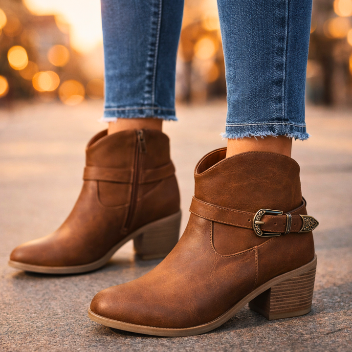 Women's Leather Ankle Boots – Cushioned Western Block Heel