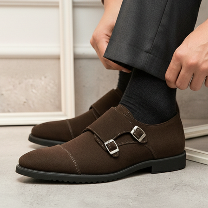 Men’s Suede Monk Strap Shoes – Double Buckle Style