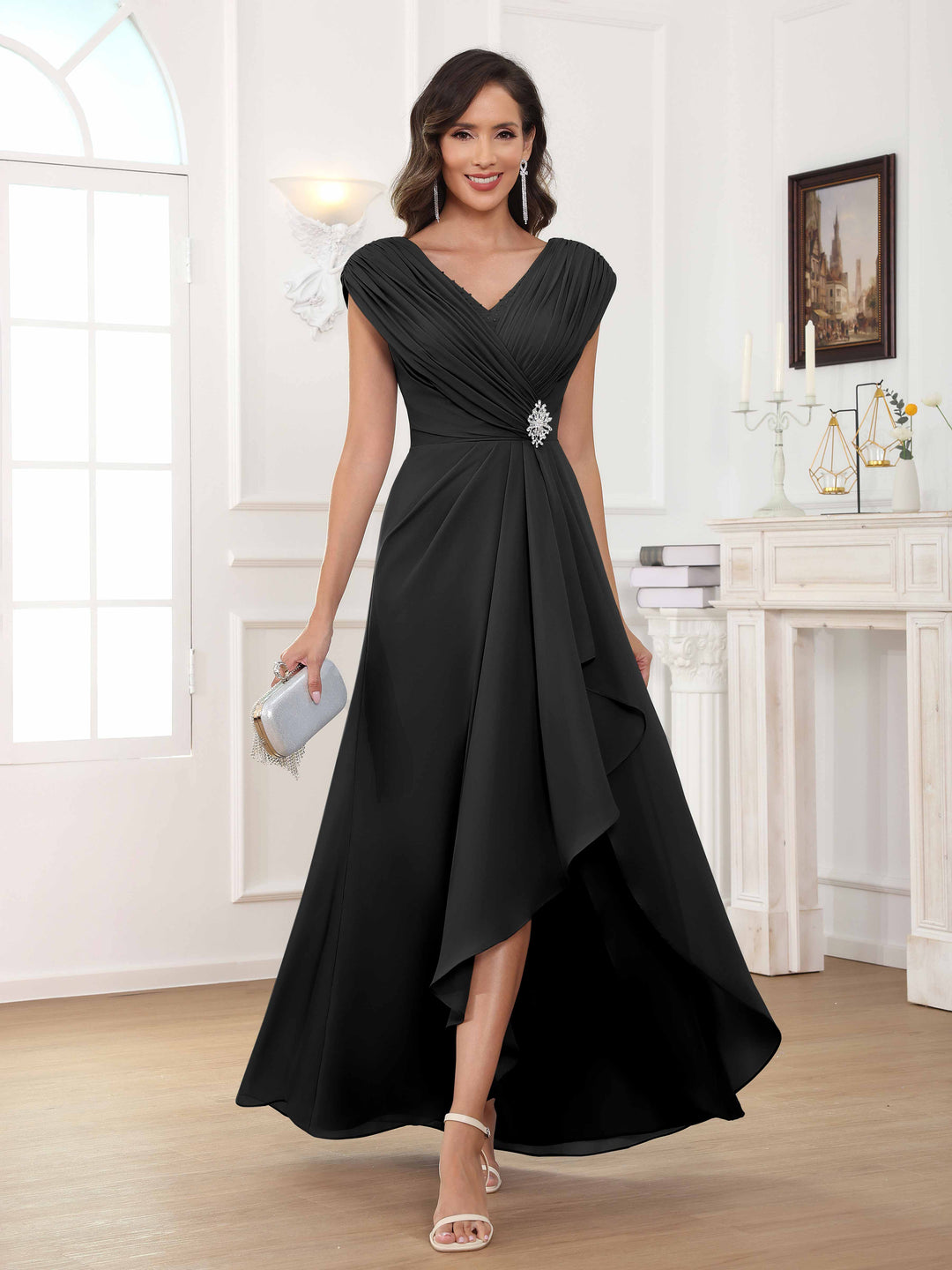 Women's A-Line Beaded Pleated Long Chiffon Mother Of The Bride Dress – HighTouch