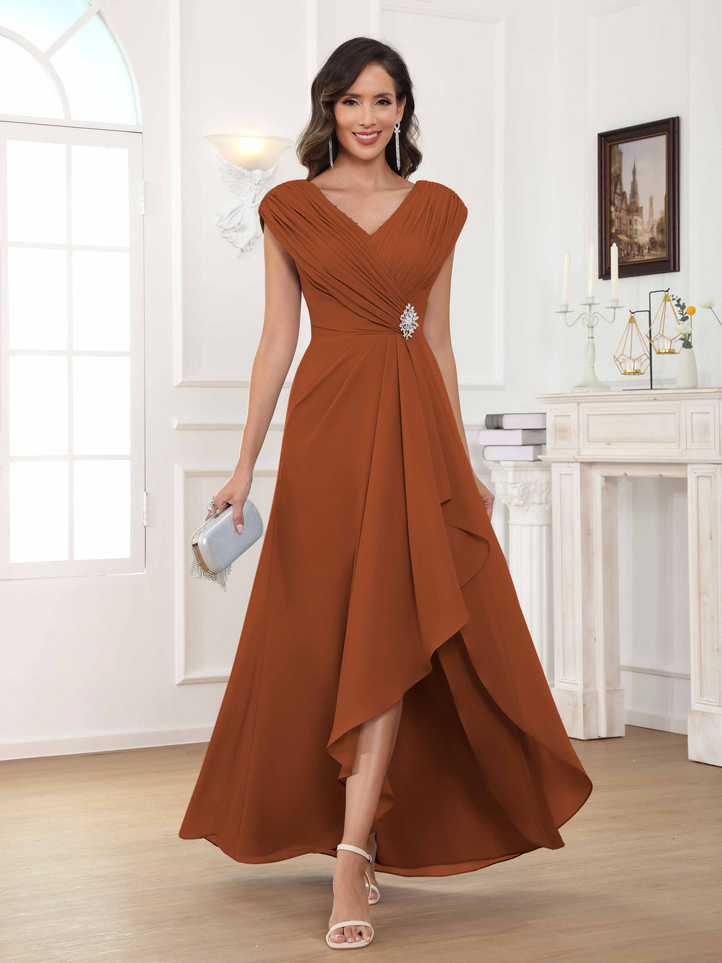 Women's A-Line Beaded Pleated Long Chiffon Mother Of The Bride Dress