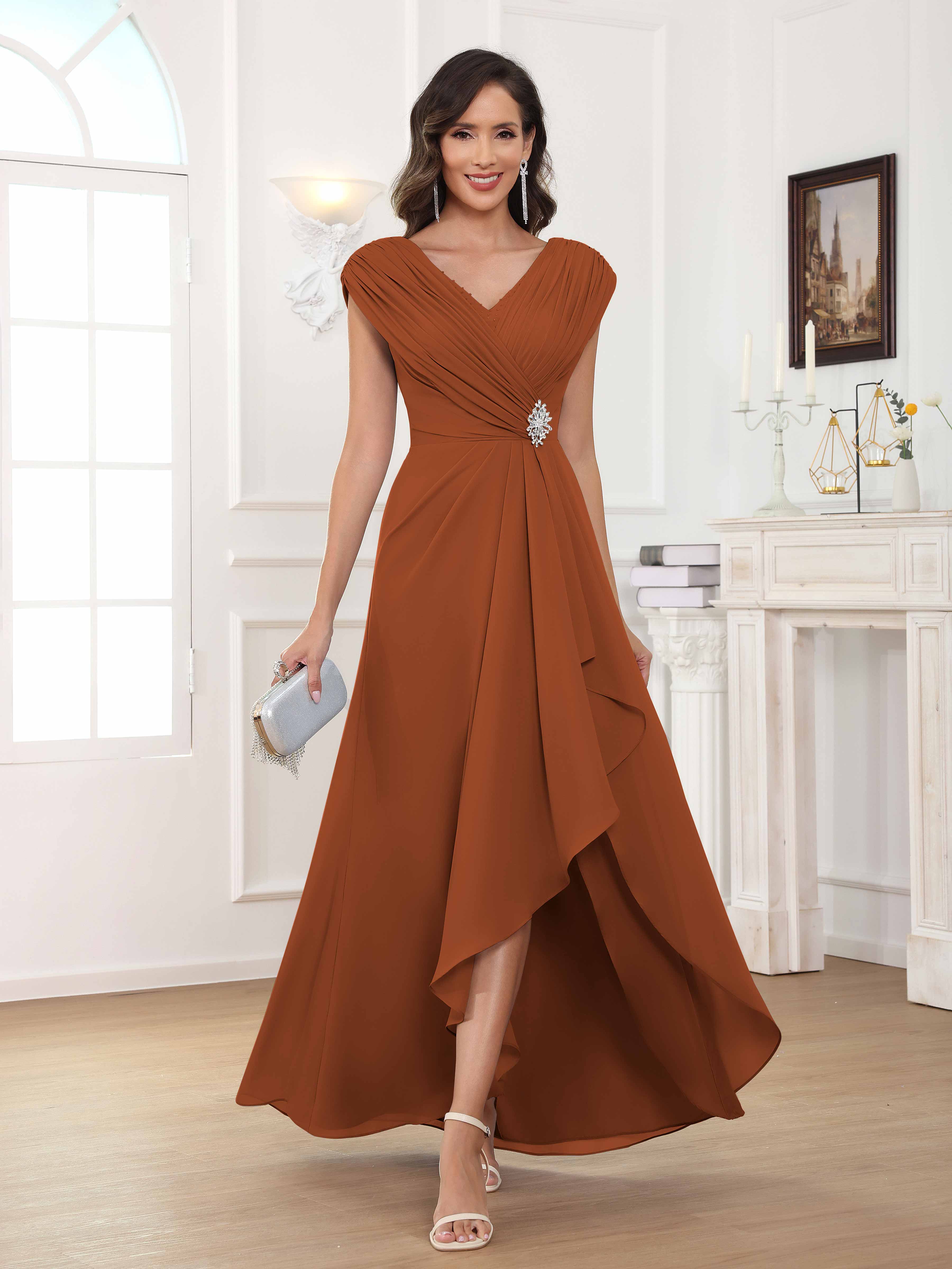 Women's A-Line Beaded Pleated Long Chiffon Mother Of The Bride Dress