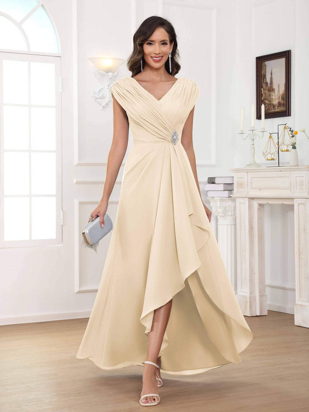 Women's A-Line Beaded Pleated Long Chiffon Mother Of The Bride Dress