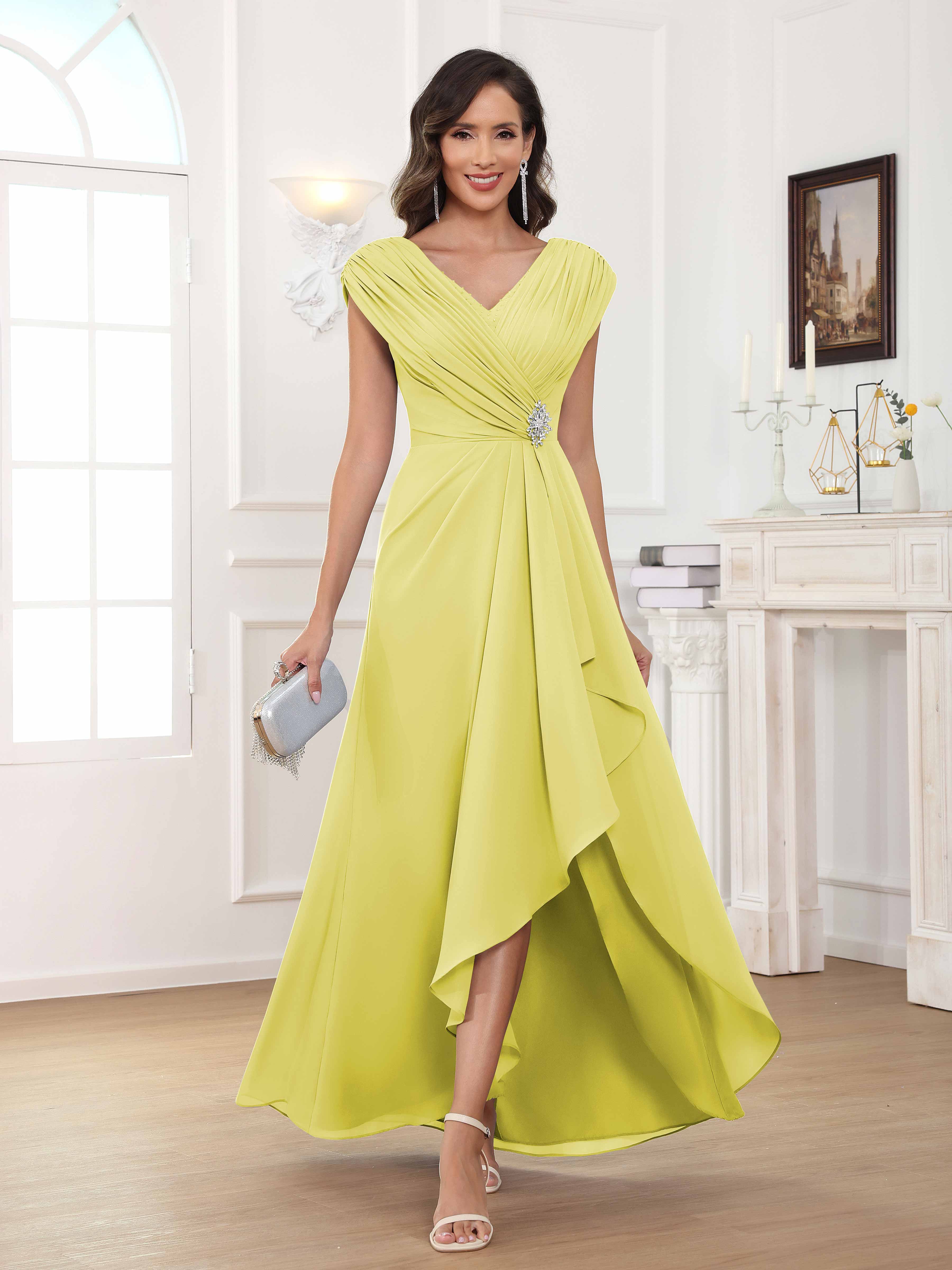Women's A-Line Beaded Pleated Long Chiffon Mother Of The Bride Dress