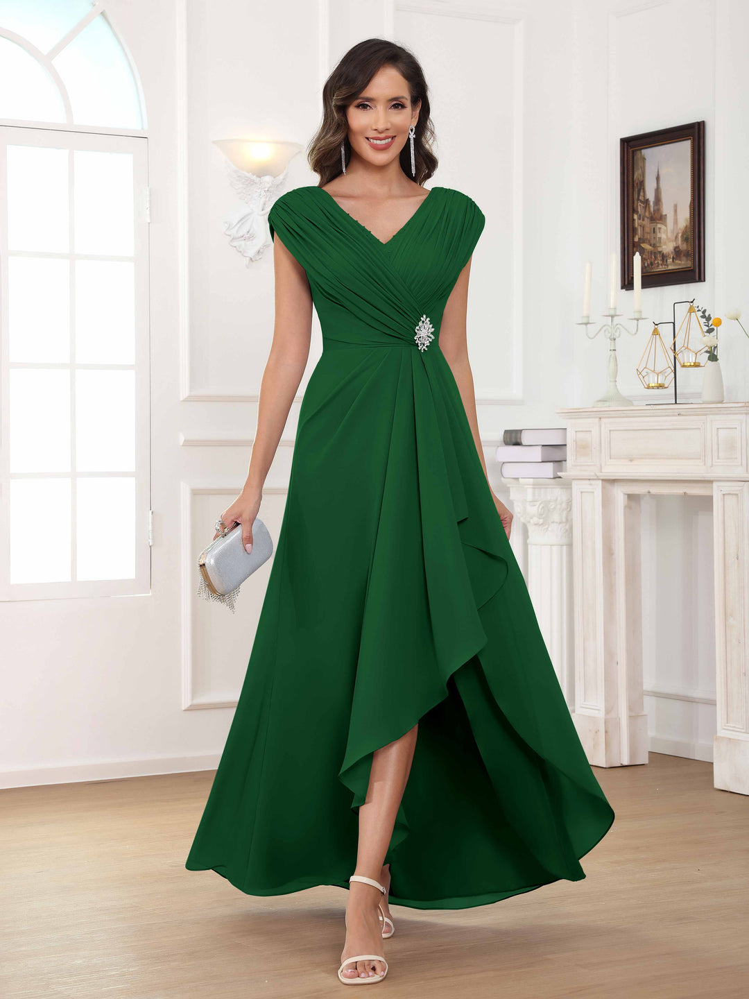 Women's A-Line Beaded Pleated Long Chiffon Mother Of The Bride Dress – HighTouch