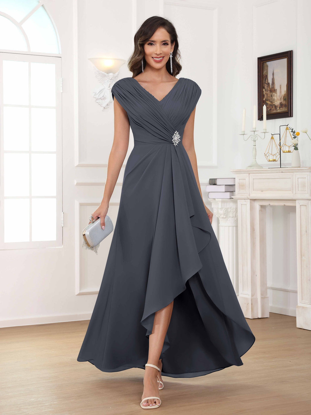 Women's A-Line Beaded Pleated Long Chiffon Mother Of The Bride Dress