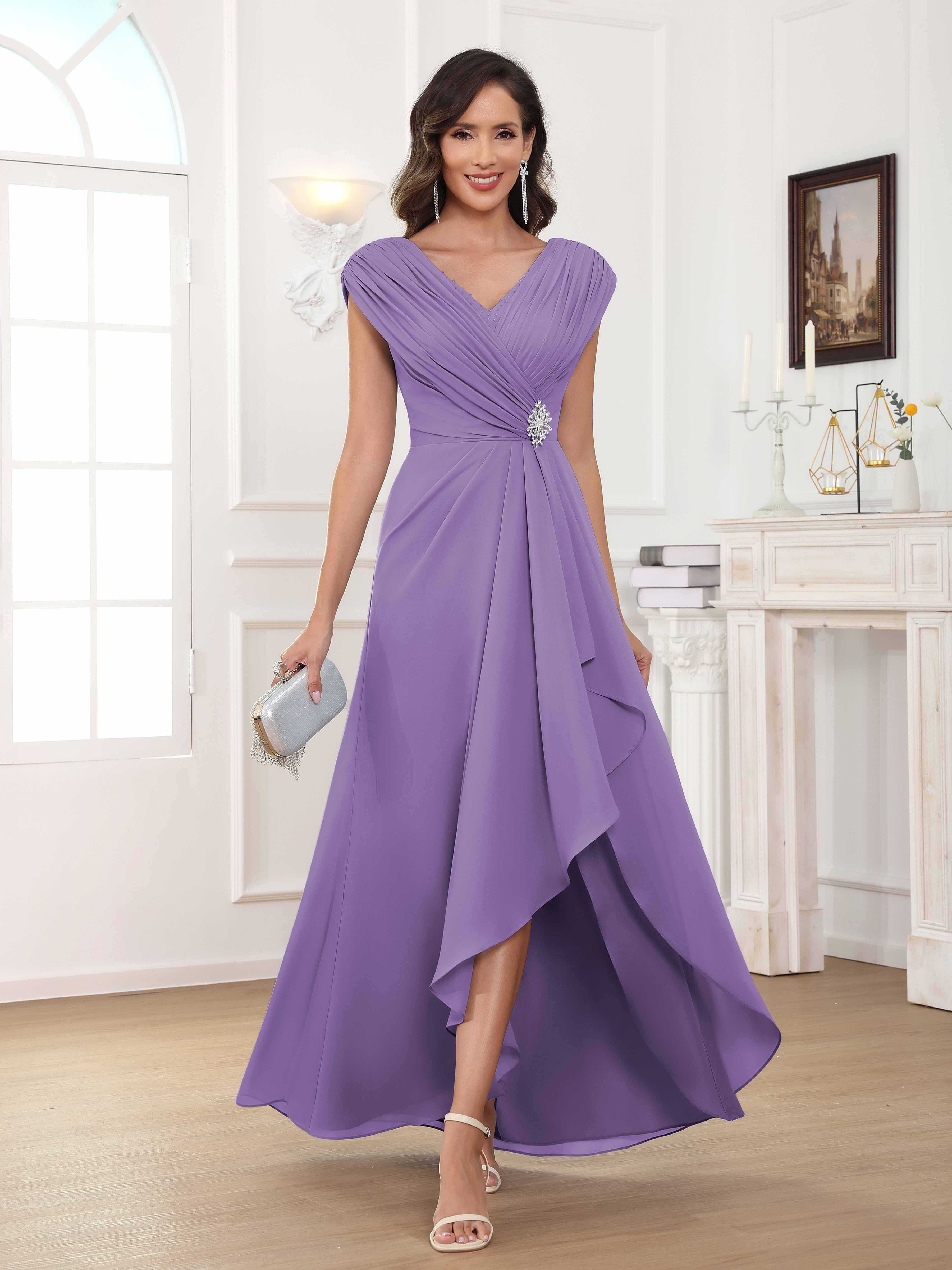 Women's A-Line Beaded Pleated Long Chiffon Mother Of The Bride Dress