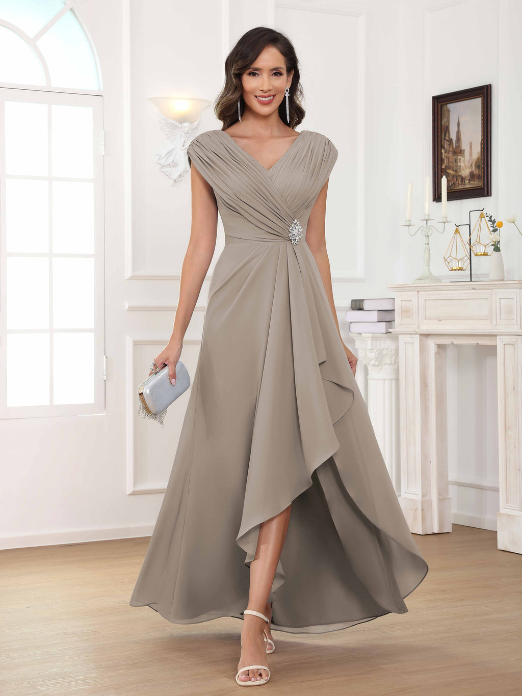 Women's A-Line Beaded Pleated Long Chiffon Mother Of The Bride Dress