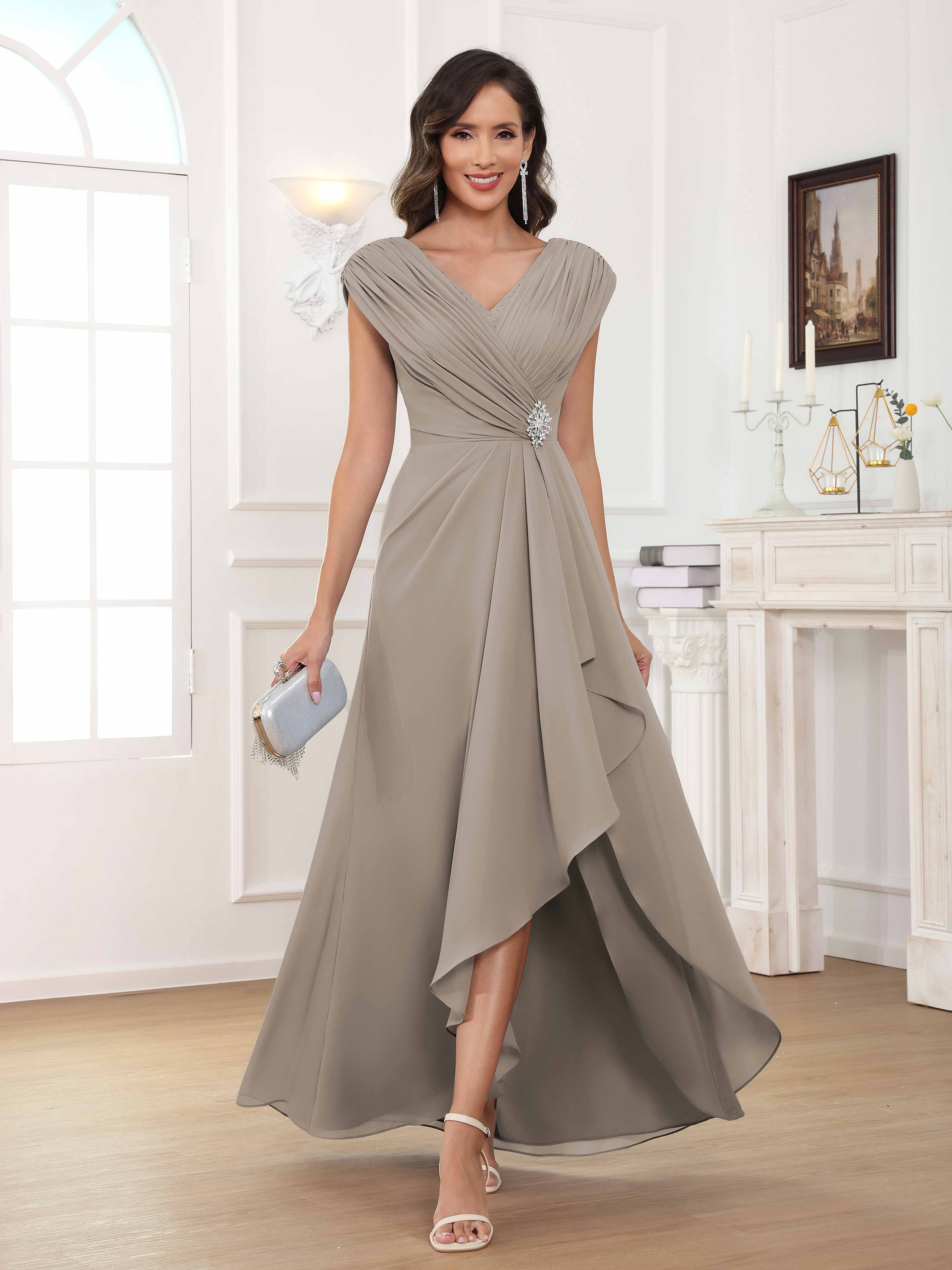 Women's A-Line Beaded Pleated Long Chiffon Mother Of The Bride Dress
