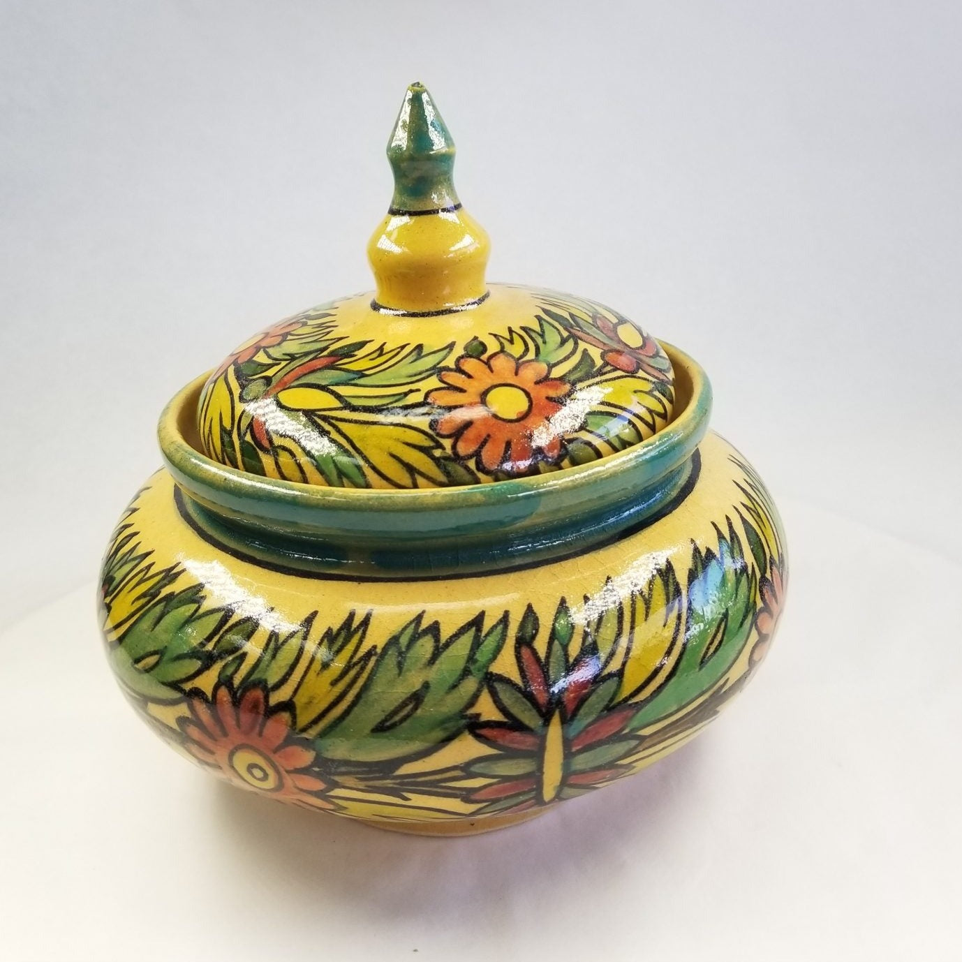 Glazed Flower Lidded Pot - HighTouch 