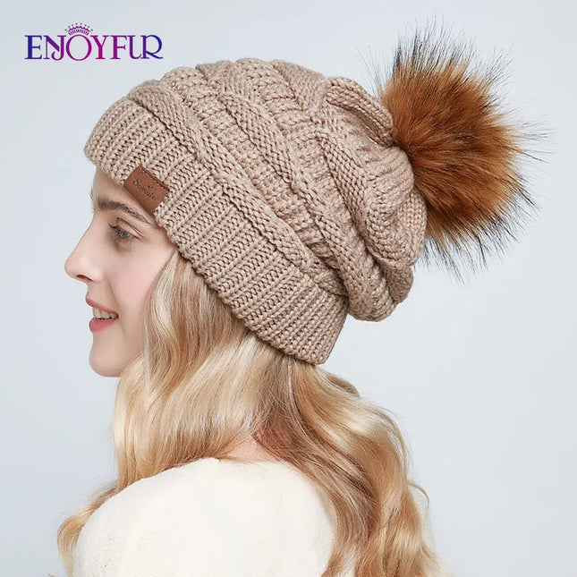 Women’s Faux Fur Pom Slouchy Knit Beanie
