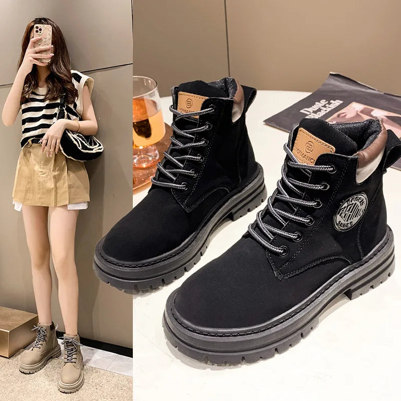 Women’s Tricolor Lace-Up Chunky Heel Ankle Boots – British Style