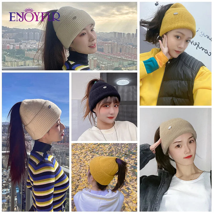 Enjoy Fur Women’s Winter Knit Ponytail Beanie-HighTouch