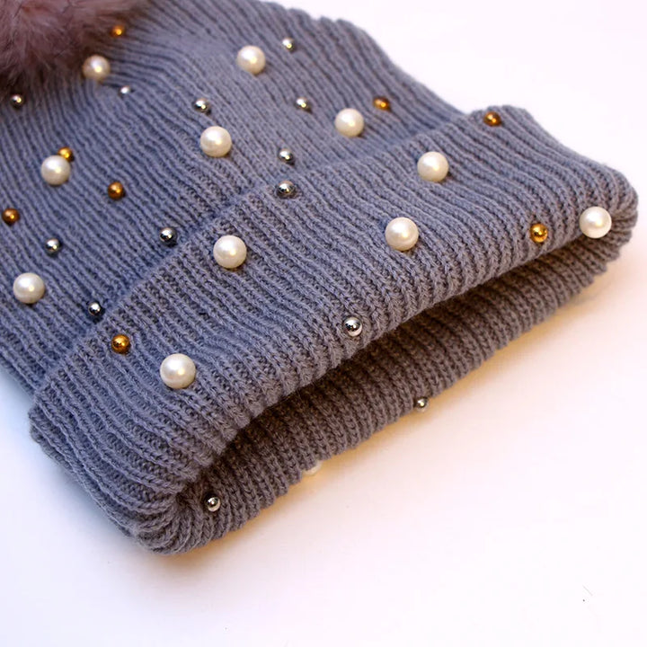 Pearl & Rhinestone Pom Pom Beanie-HighTouch