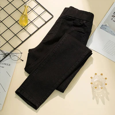 Black Elastic-Waist Slim Stretch Jeans – 6XL High-Waist Ankle-Length