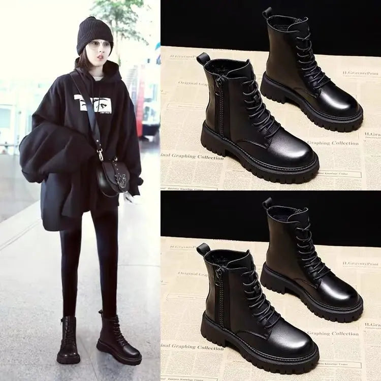 Women’s Luxury Black Leather Platform Lace‑Up Ankle Boots – Bold Comfort-HighTouch