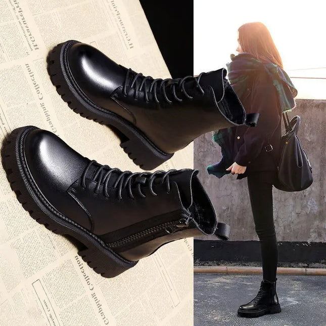 Women’s Luxury Black Leather Platform Lace‑Up Ankle Boots – Bold Comfort