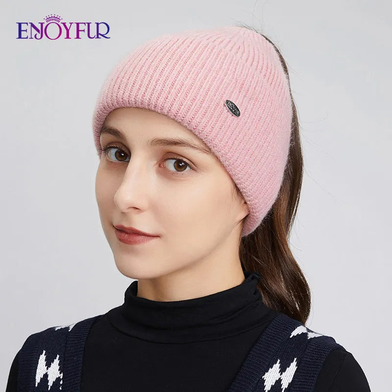 Enjoy Fur Women’s Winter Knit Ponytail Beanie-HighTouch