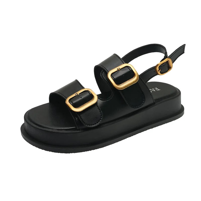 Women’s Platform Roman Sandals – Double-Buckle PU Comfort Slides