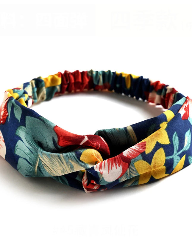 Vintage Boho Printed Cross Turban Headband – Wide Stretchy Fabric Band