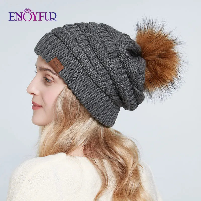 Women’s Faux Fur Pom Slouchy Knit Beanie