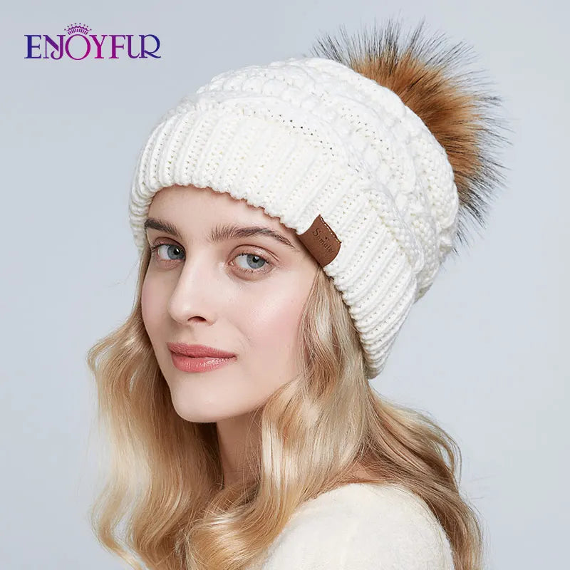 Women’s Faux Fur Pom Slouchy Knit Beanie