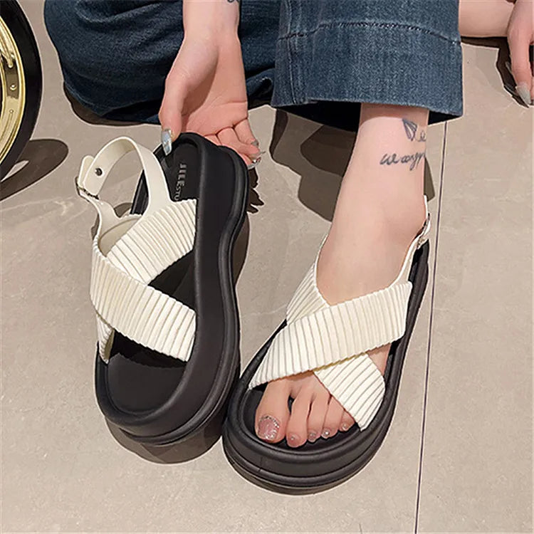 Women’s Thick Sole Cross Slide Slippers – Open Toe Summer Outdoor Flats