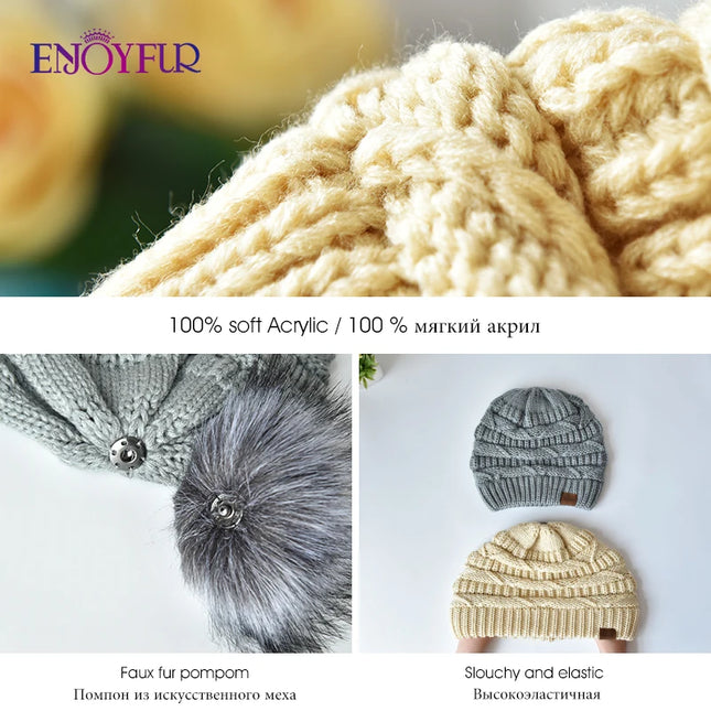 Women’s Faux Fur Pom Slouchy Knit Beanie