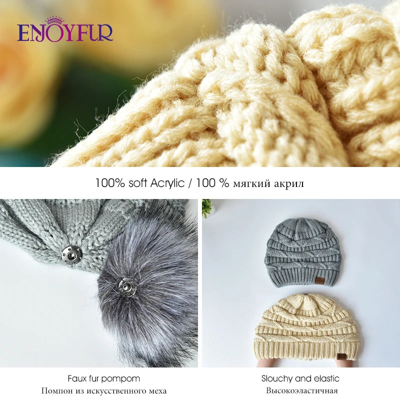 Women’s Faux Fur Pom Slouchy Knit Beanie