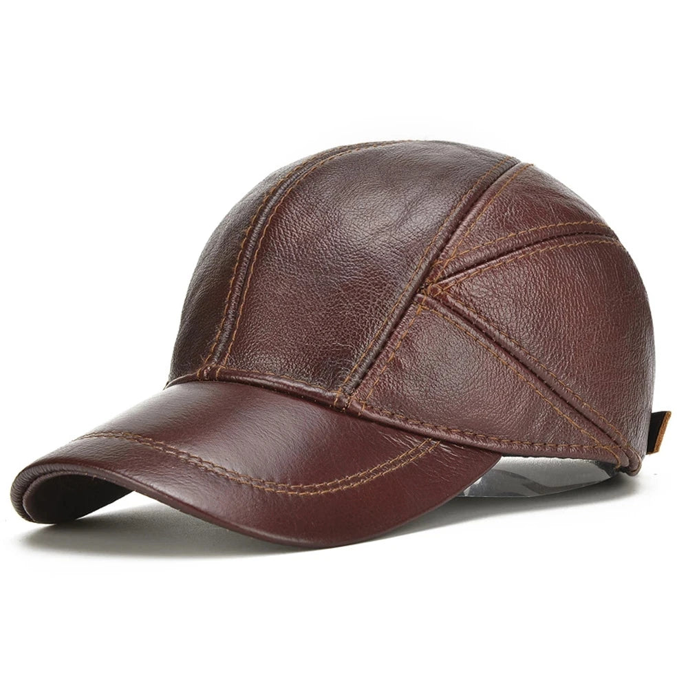 Genuine Leather Earflap Baseball Cap – Real Cowhide Winter Warmth