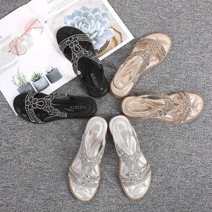 Bohemian Rhinestone Flat Sandals – Comfortable Summer T-Strap for Women