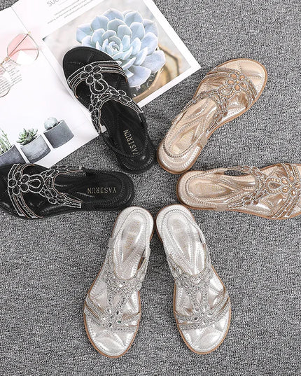 Bohemian Rhinestone Flat Sandals – Comfortable Summer T-Strap for Women