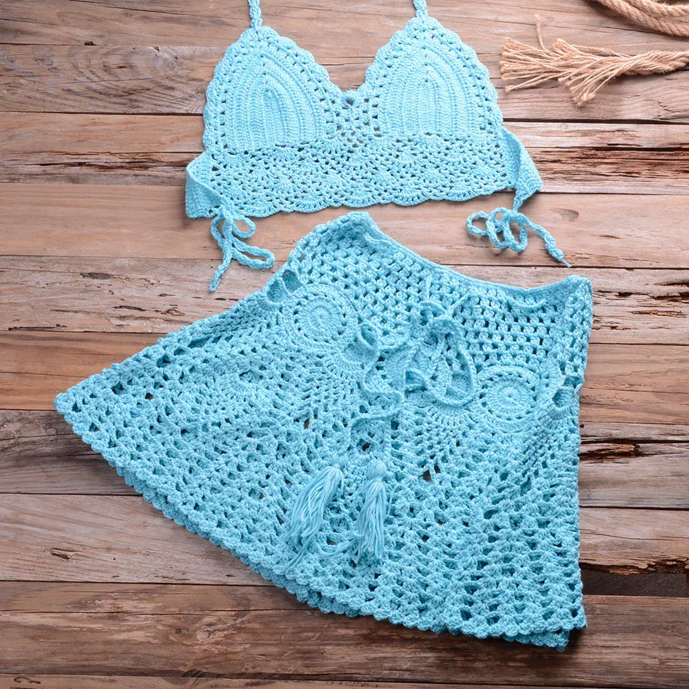 Liora - Women Crochet Halter Bikini Cover Up Set
