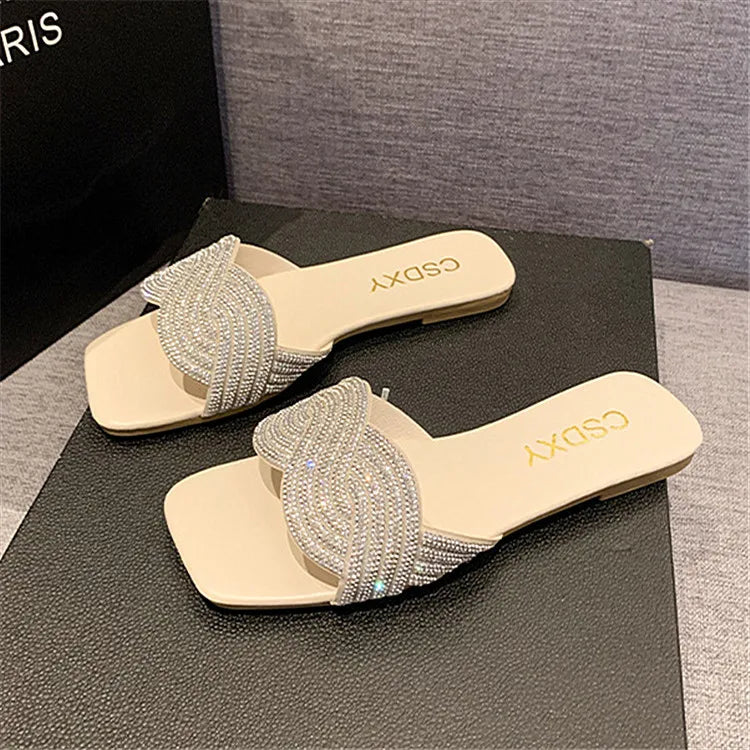 Women's Shiny Rhinestone Flat Sandals – Big Size 35-42 Glitter Slip-On Slides