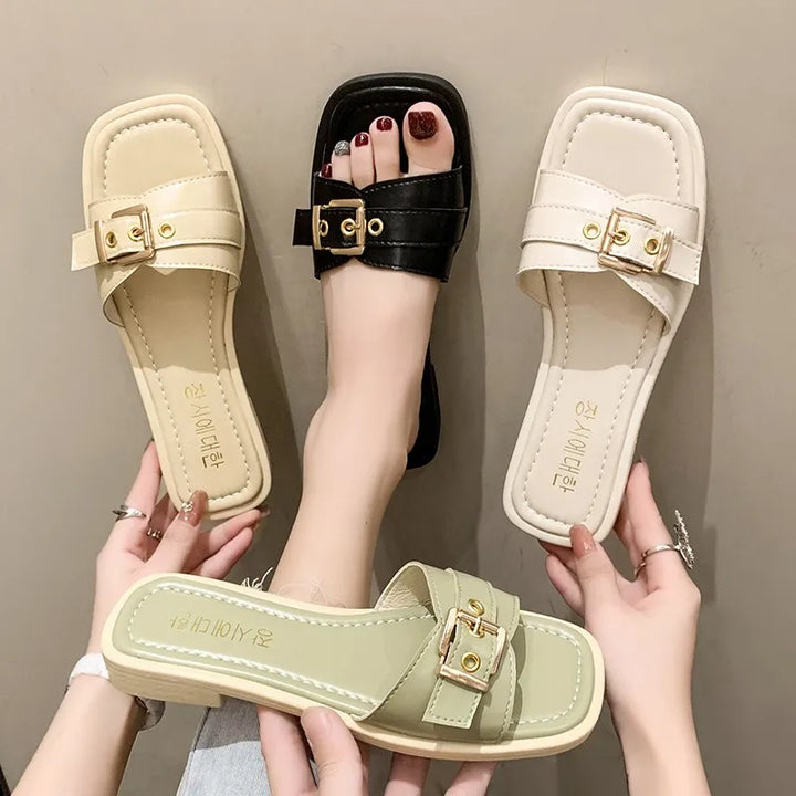 Stylish Outdoor PU Slippers with Gold Buckle – All-Season Comfort | Model 221-HighTouch