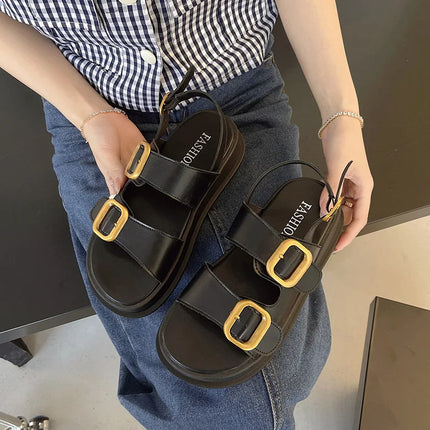 Korean Style Platform Sandals – Square Toe Buckle Flats for Women