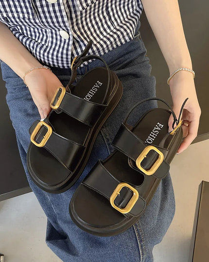 Korean Style Platform Sandals – Square Toe Buckle Flats for Women
