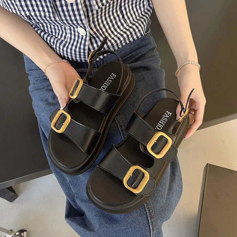 Korean Style Platform Sandals – Square Toe Buckle Flats for Women-HighTouch