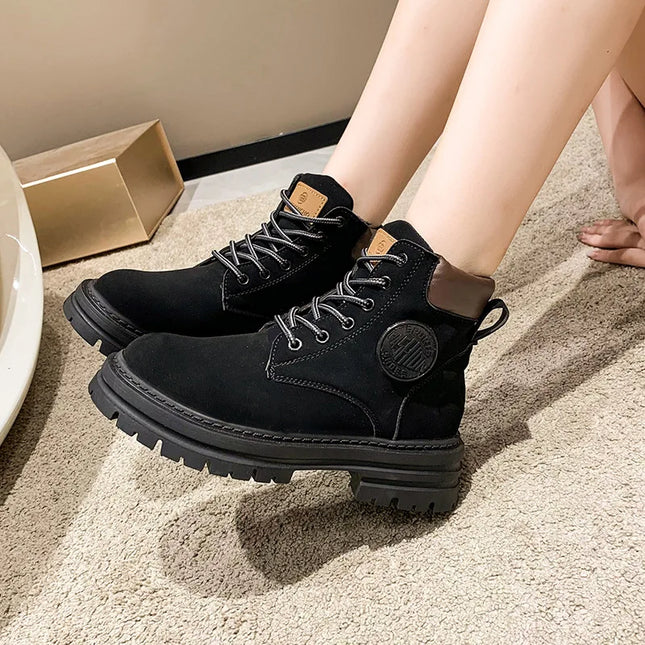 Women’s Tricolor Lace-Up Chunky Heel Ankle Boots – British Style