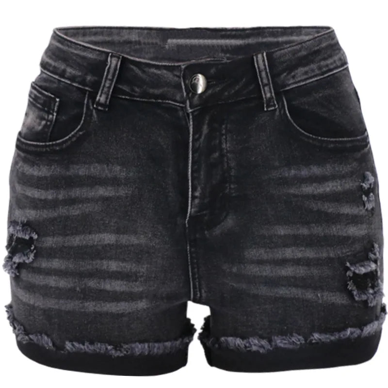 Black High-Waist Elastic Denim Shorts – Summer Casual for Women