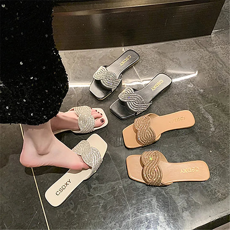 Women's Shiny Rhinestone Flat Sandals – Big Size 35-42 Glitter Slip-On Slides-HighTouch