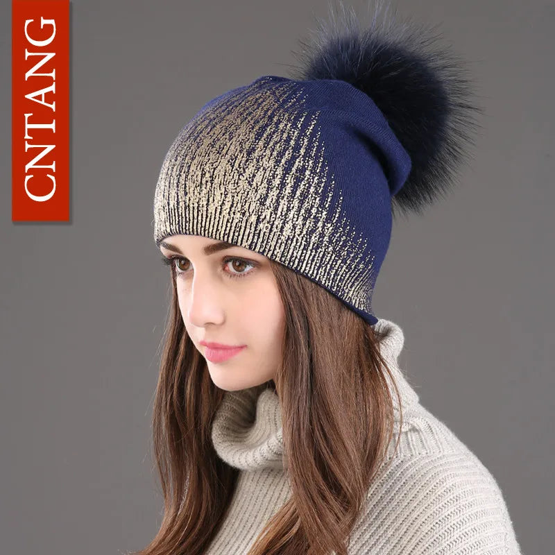 Women’s Chunky Knit Hat with Real Fur Pom Pom