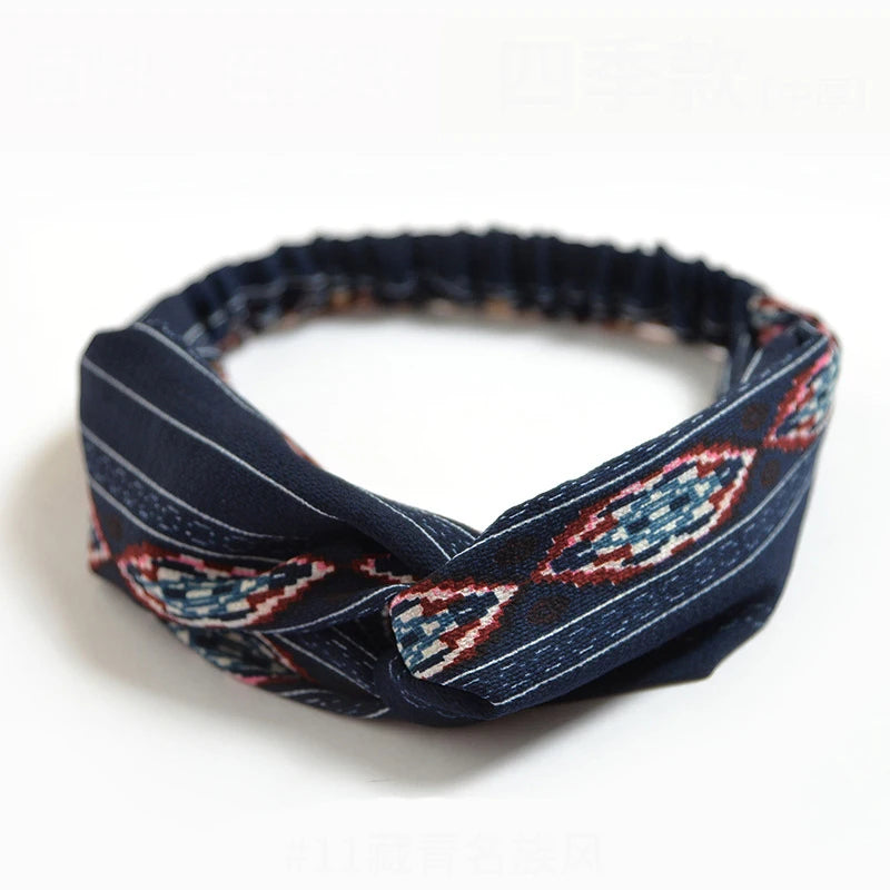Vintage Boho Printed Cross Turban Headband – Wide Stretchy Fabric Band