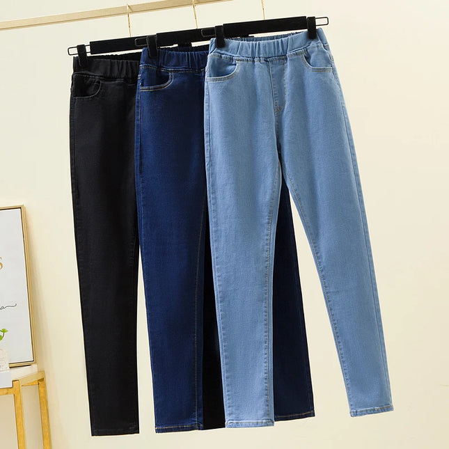 Black Elastic-Waist Slim Stretch Jeans – 6XL High-Waist Ankle-Length