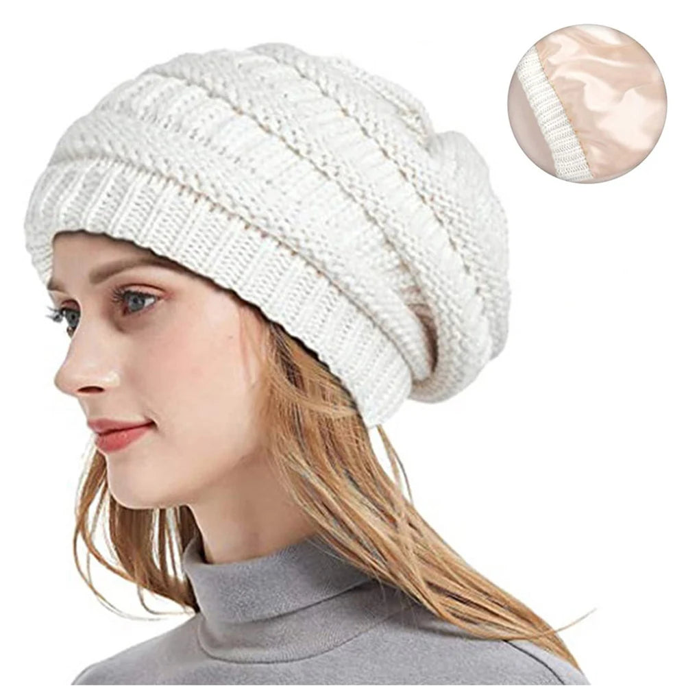Women’s Silk-Satin Lined Chunky Knit Beanie